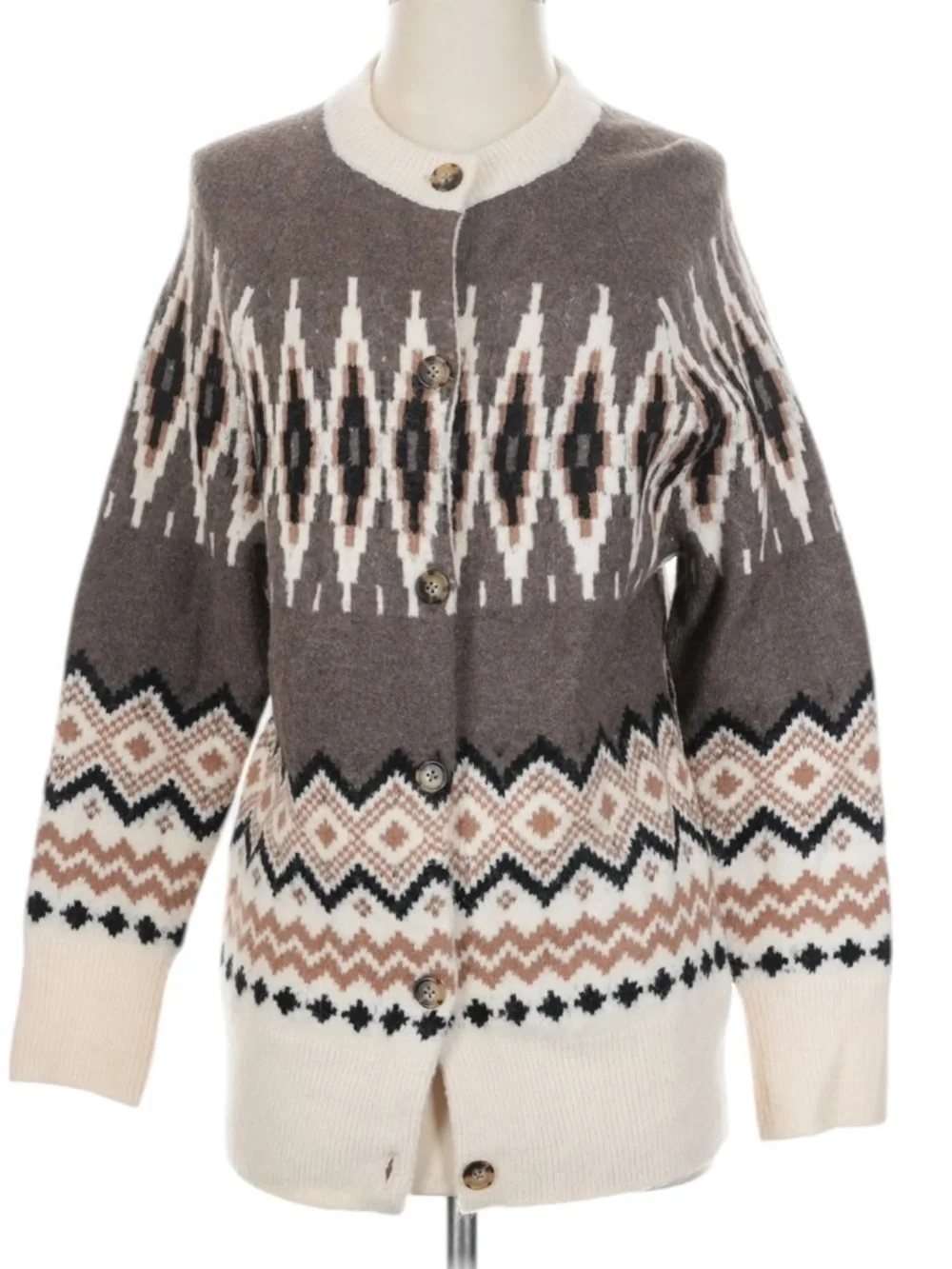 J. Crew Sweater Wool Blend Fair Isle Cardigan S Brown Cream Relaxed Fit Fall